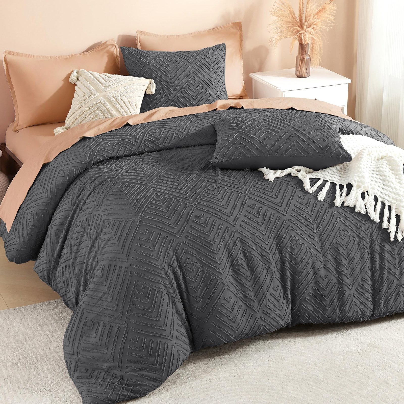 TODD GRIMES Comforter King Size Set Oatmeal, 3 Pieces Boho Tufted Farmhouse Bedding Comforter Sets, Lightweight Fluffy Comforter Bed Set for All Season (104x90In Comforter and 2 Pillowcases)