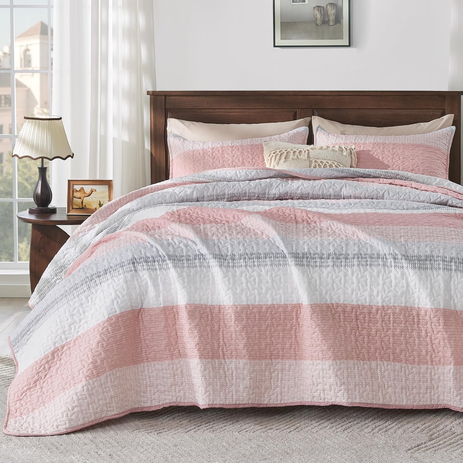 TODD GRIMES King Size Quilt Set Sage Green, 3 Pieces Mint Green Ultra Soft Lightweight Bedspreads & Coverlets Set, Patchwork Striped Quilted Bedding Sets for All Seasons (1 Quilt, 2 Pillow Shams) - Image 15